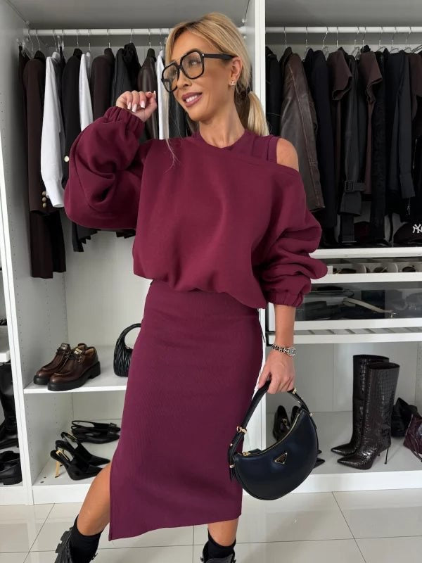 Charlotte | Elegant Off Shoulder Sweatshirt and Midi Dress Set