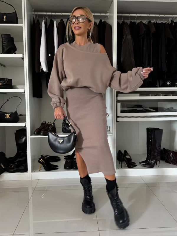 Charlotte | Elegant Off Shoulder Sweatshirt and Midi Dress Set
