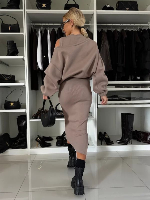 Charlotte | Elegant Off Shoulder Sweatshirt and Midi Dress Set