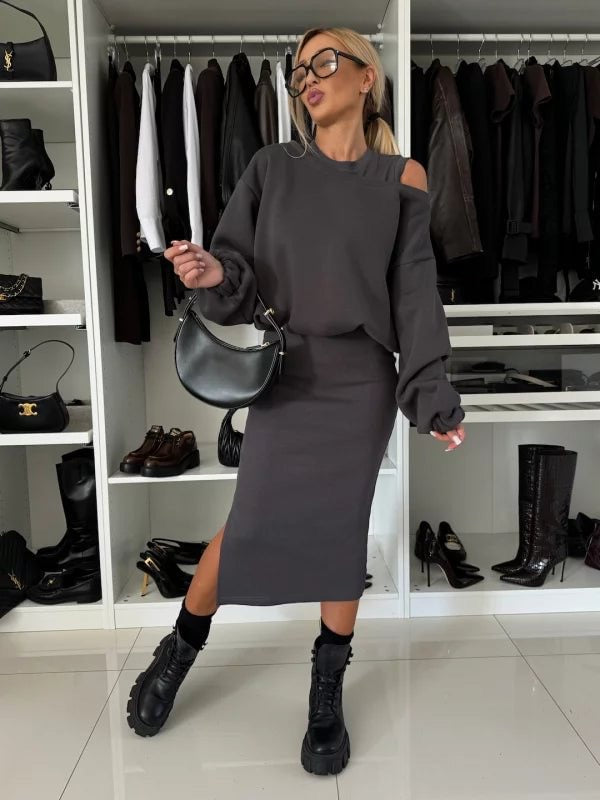 Charlotte | Elegant Off Shoulder Sweatshirt and Midi Dress Set