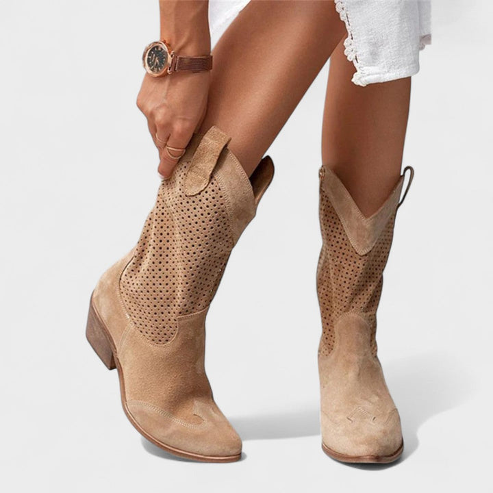 Chloe | Perforated Mid Calf Low Heel Cowboy Boots