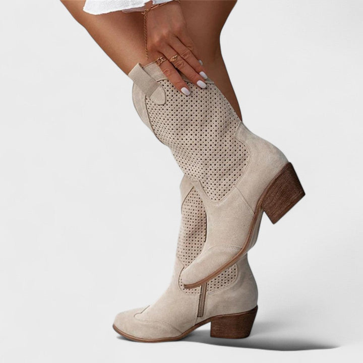 Chloe | Perforated Mid Calf Low Heel Cowboy Boots