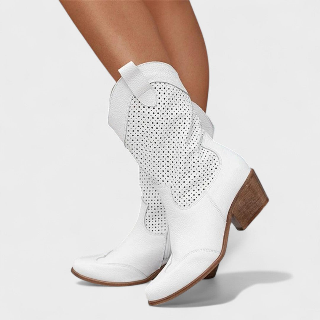 Chloe | Perforated Mid Calf Low Heel Cowboy Boots