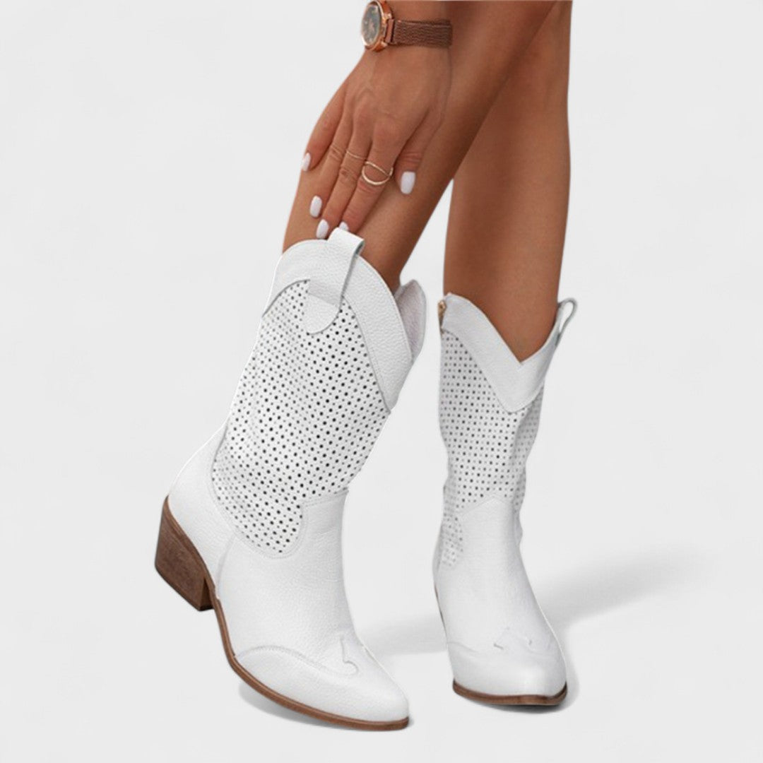 Chloe | Perforated Mid Calf Low Heel Cowboy Boots