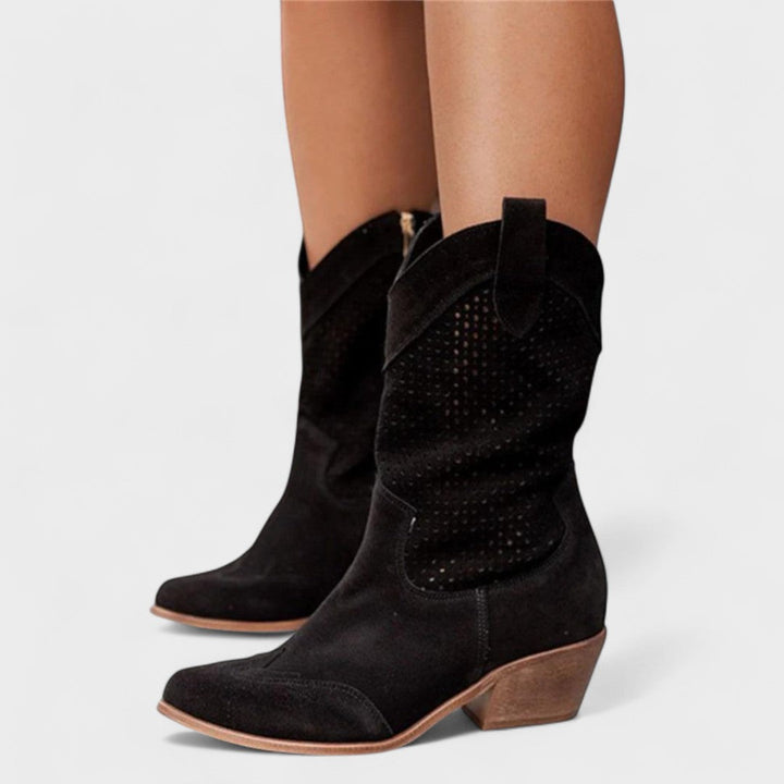 Chloe | Perforated Mid Calf Low Heel Cowboy Boots