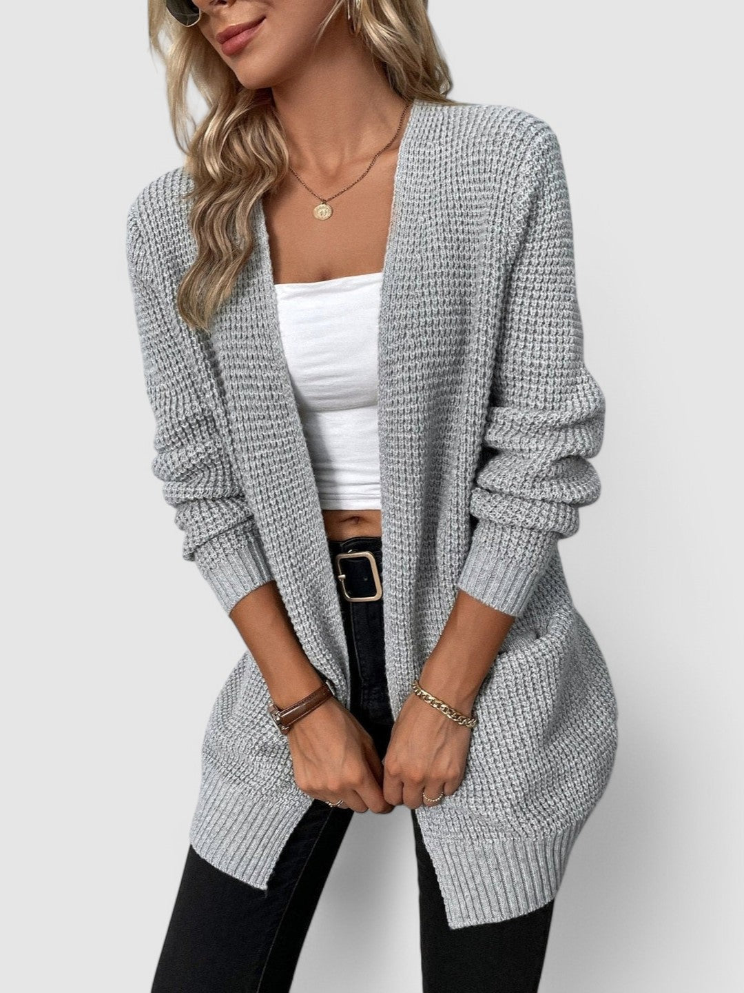 Clara | Elegant Longline Open Front Waffle Knit Cardigan