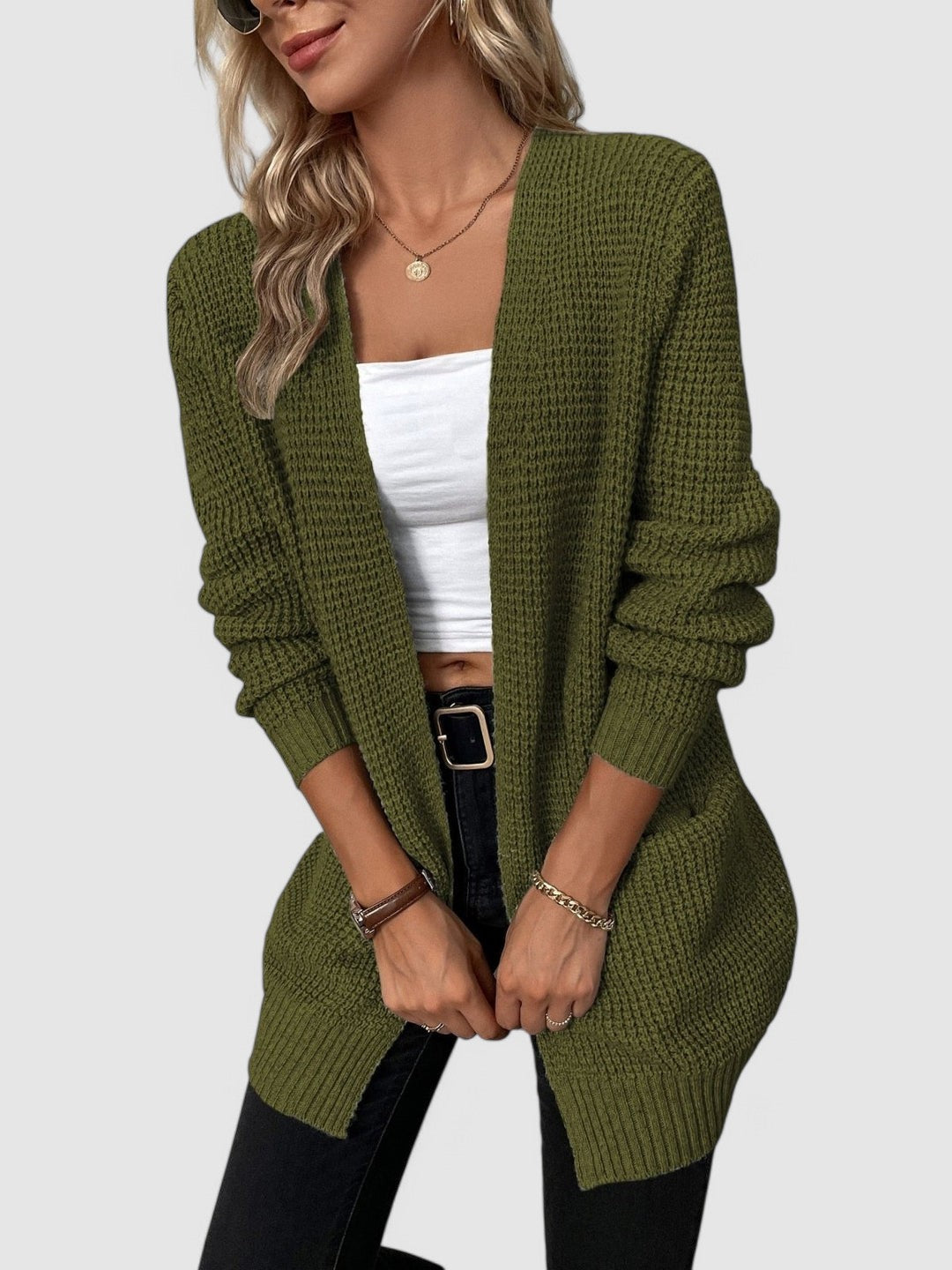 Clara | Elegant Longline Open Front Waffle Knit Cardigan