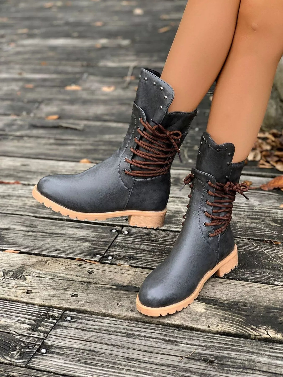 Ruby | Rugged Lace-Up Brown Boots with Studded Ankle Detail