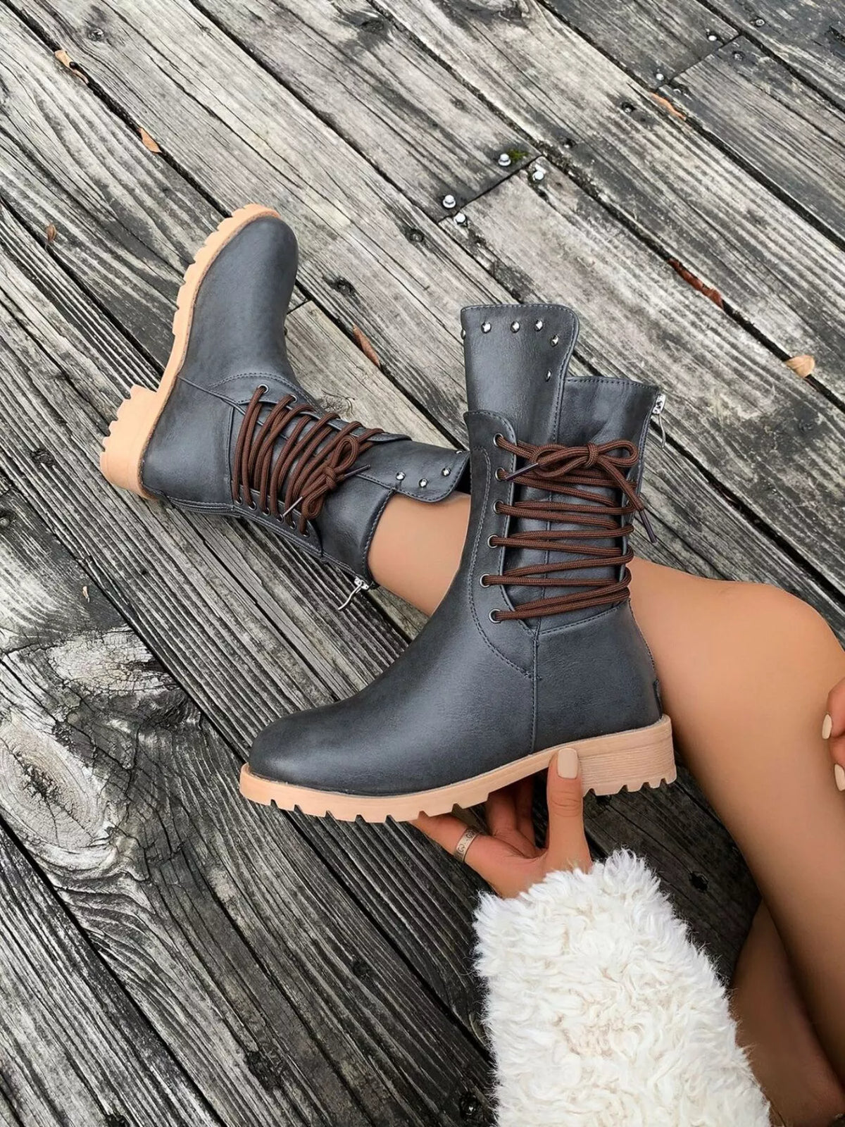 Ruby | Rugged Lace-Up Brown Boots with Studded Ankle Detail