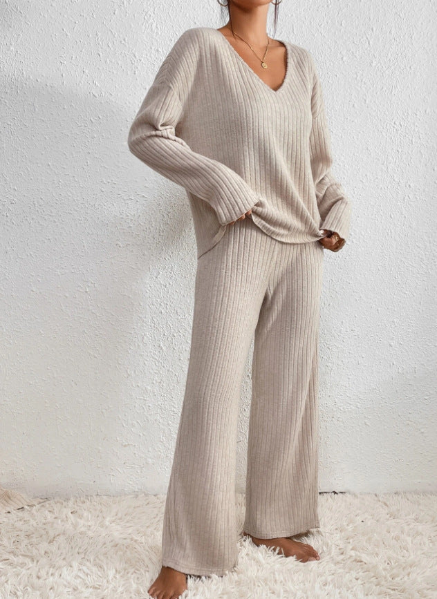Darcie | Classic Ribbed V-Neck Wide Leg Lounge Set