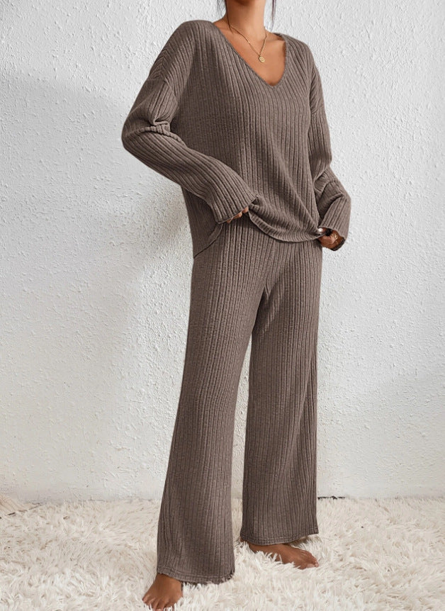 Darcie | Classic Ribbed V-Neck Wide Leg Lounge Set