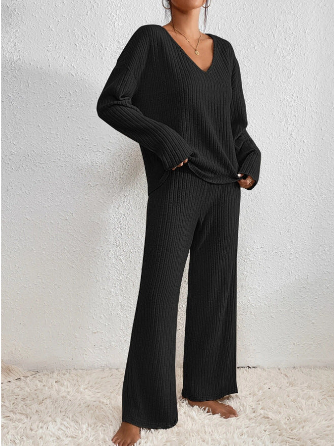 Darcie | Classic Ribbed V-Neck Wide Leg Lounge Set