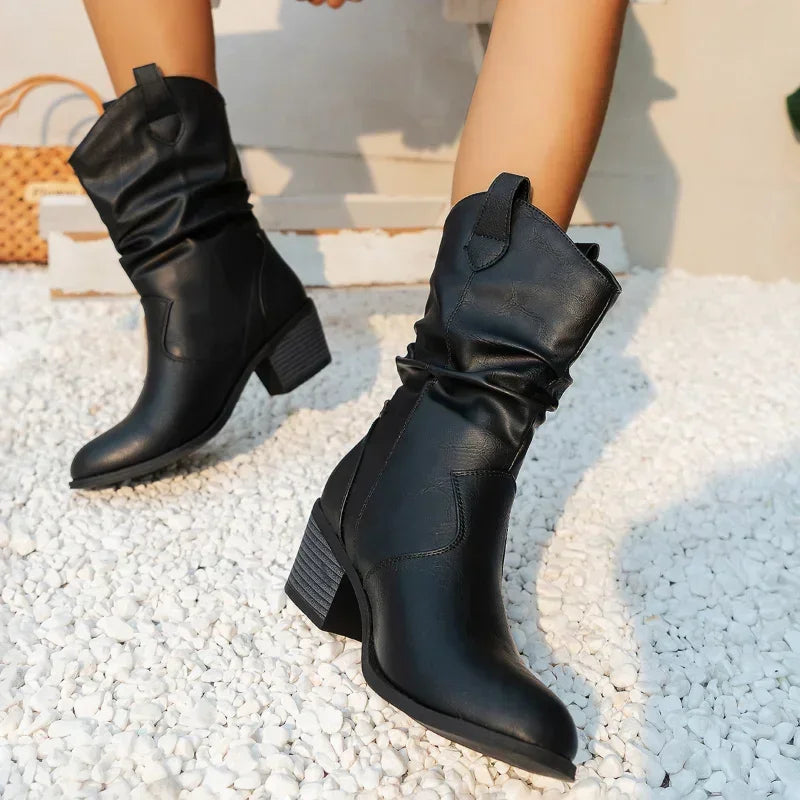 Darcie | Slouchy Mid-Calf Block Heel Cowboy Boots