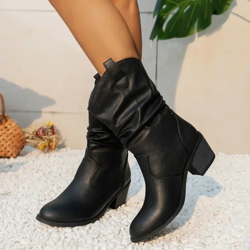Darcie | Slouchy Mid-Calf Block Heel Cowboy Boots