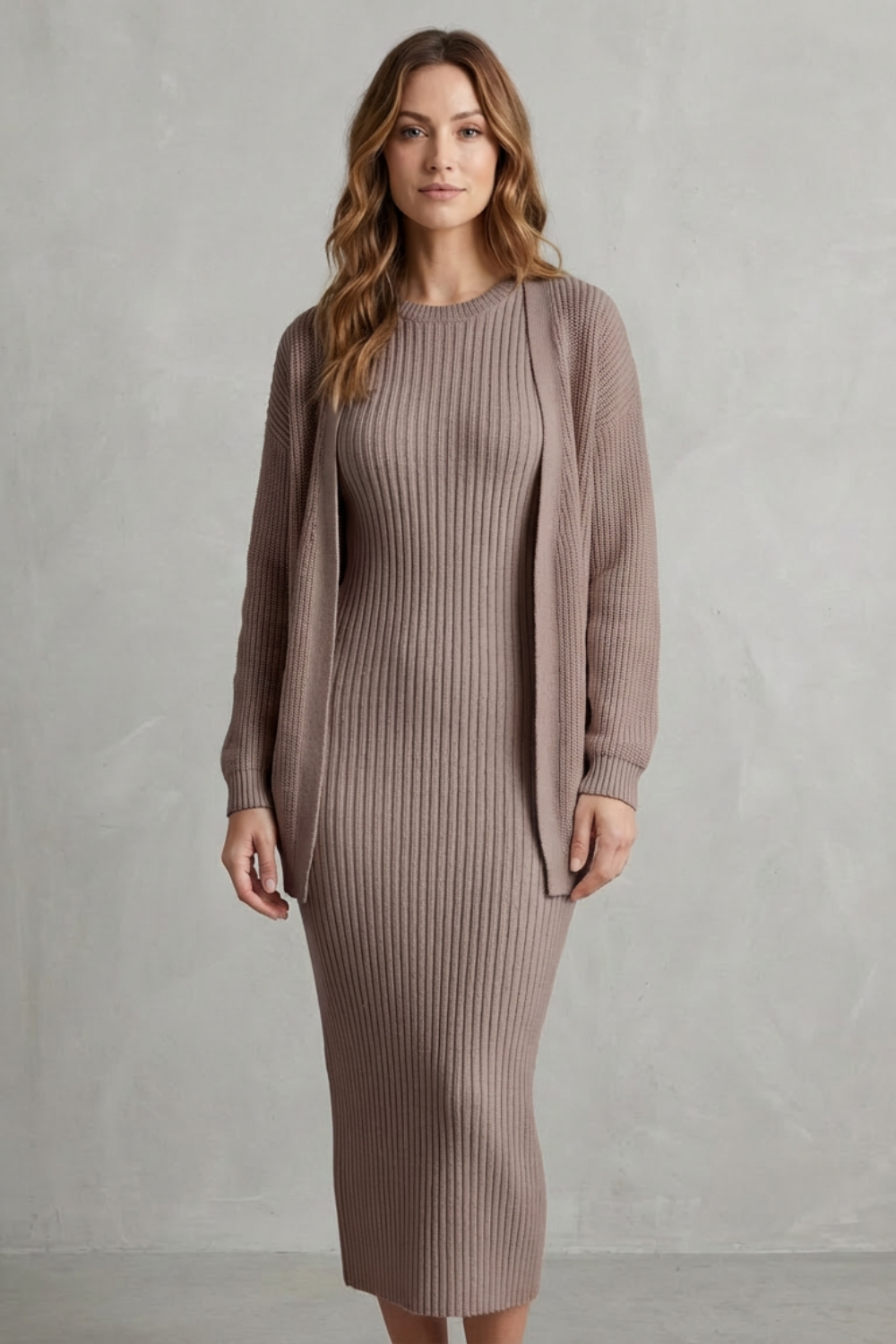 Delilah | Cosy Ribbed Knit Winter Dress and Cardigan Set