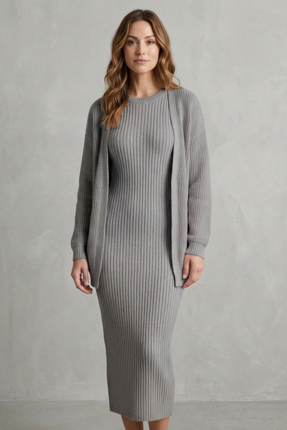 Delilah | Cosy Ribbed Knit Winter Dress and Cardigan Set