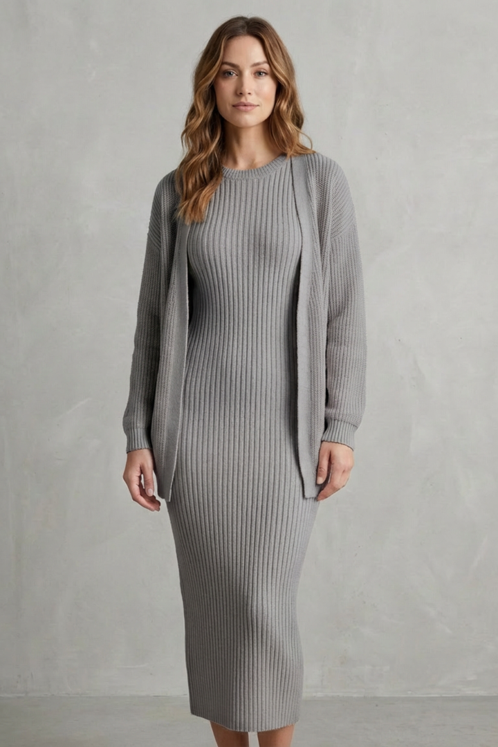 Delilah | Cosy Ribbed Knit Winter Dress and Cardigan Set