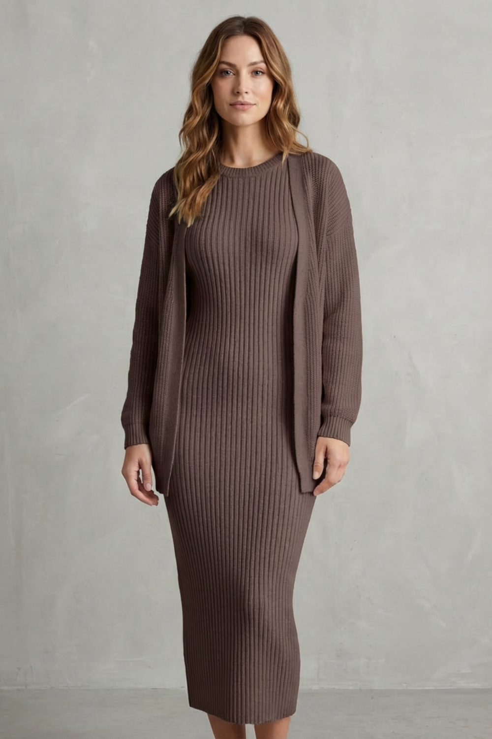 Delilah | Cosy Ribbed Knit Winter Dress and Cardigan Set