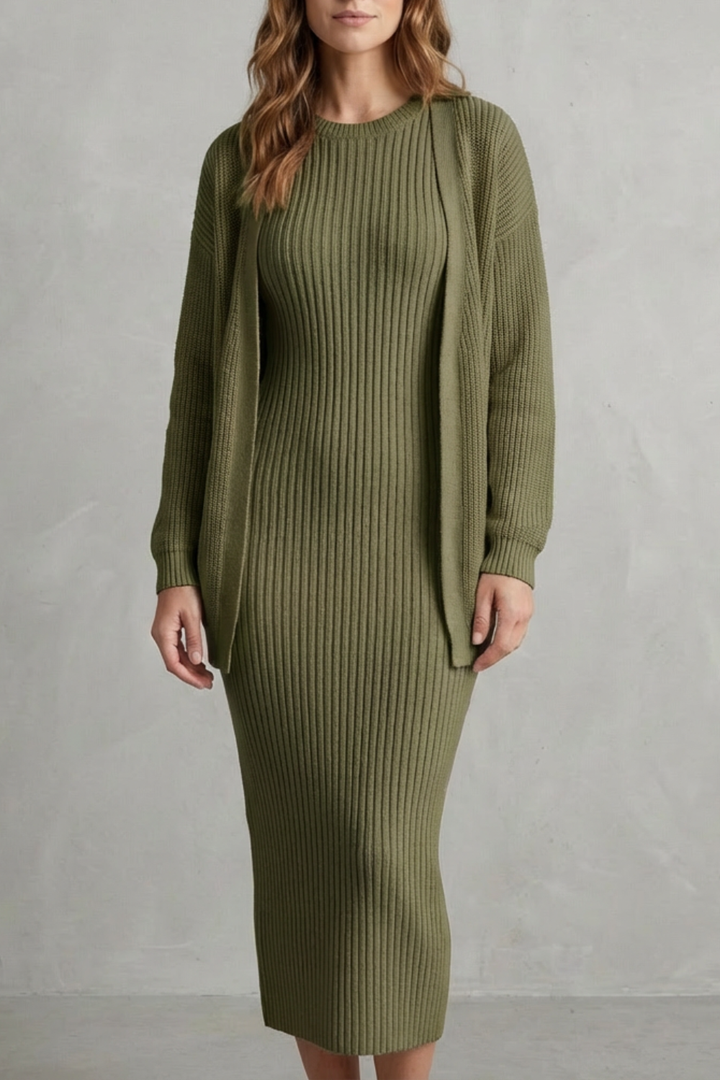 Delilah | Cosy Ribbed Knit Winter Dress and Cardigan Set