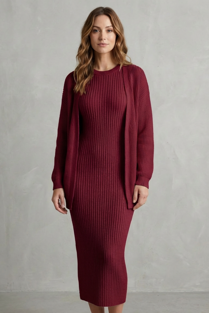 Delilah | Cosy Ribbed Knit Winter Dress and Cardigan Set