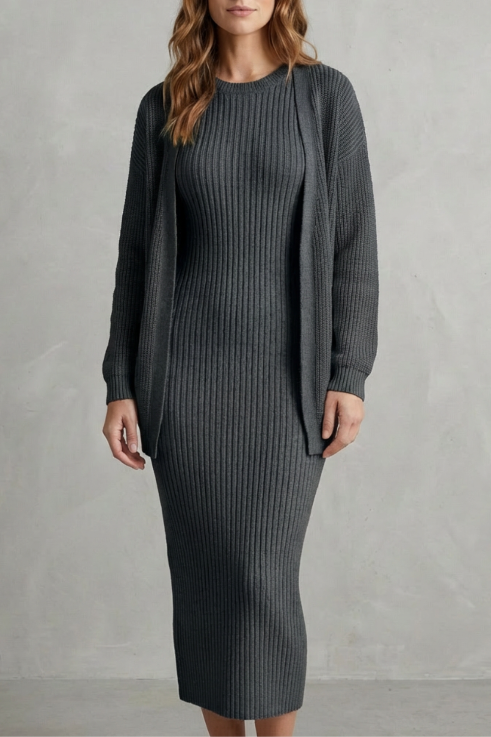Delilah | Cosy Ribbed Knit Winter Dress and Cardigan Set