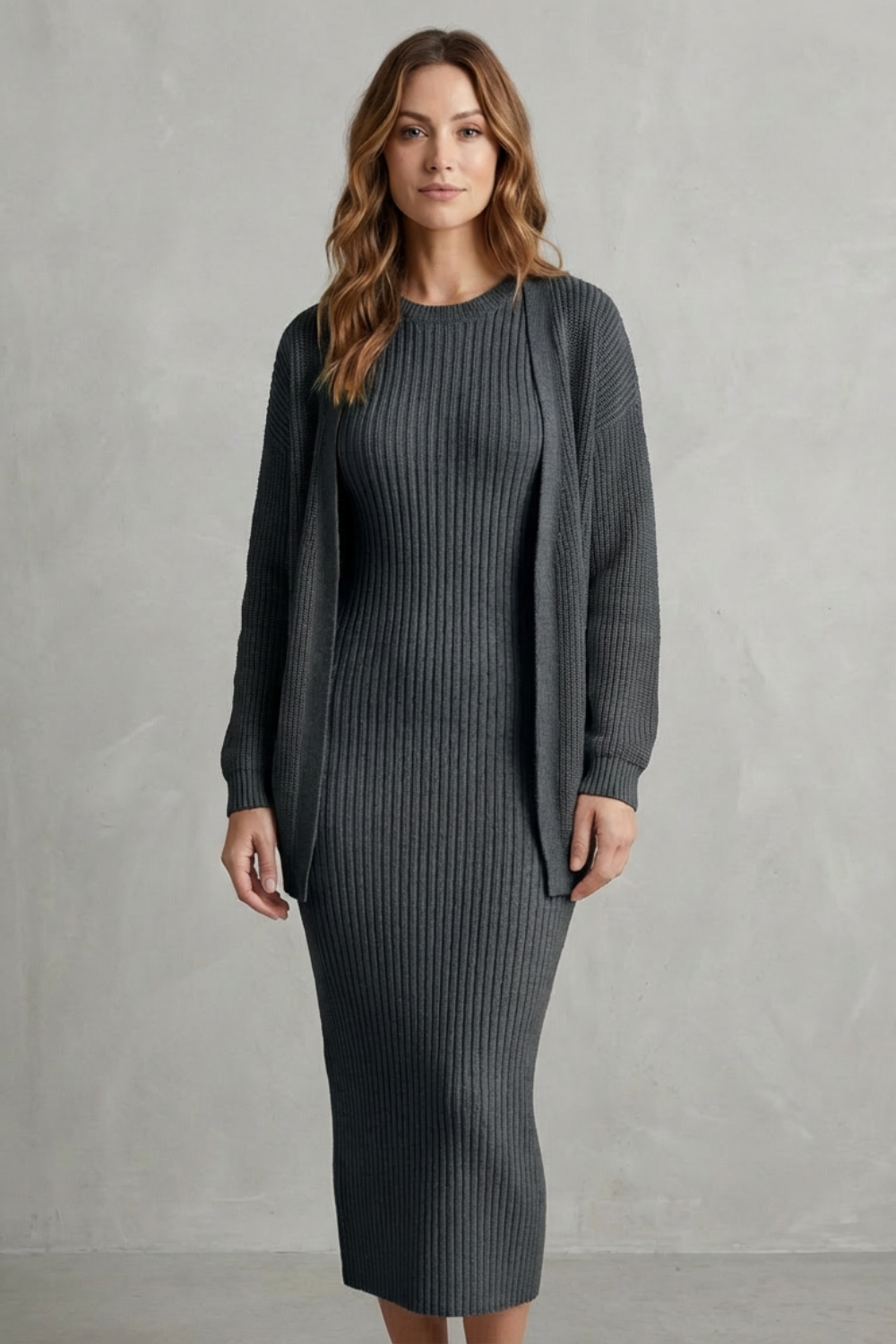 Delilah | Cosy Ribbed Knit Winter Dress and Cardigan Set