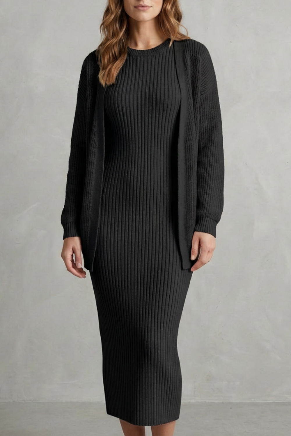 Delilah | Cosy Ribbed Knit Winter Dress and Cardigan Set