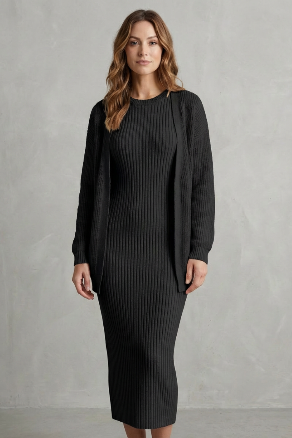 Delilah | Cosy Ribbed Knit Winter Dress and Cardigan Set
