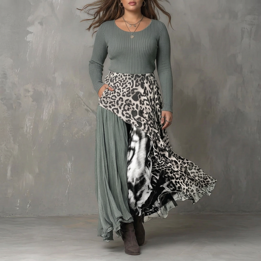 Delilah | Cosy Ribbed Leopard Print Asymmetrical Jumper Dress