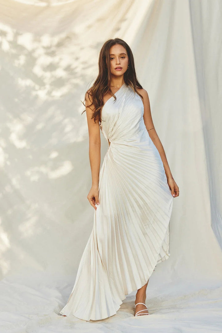 Elena | Elegant Pleated One-Shoulder Black Tie Dress