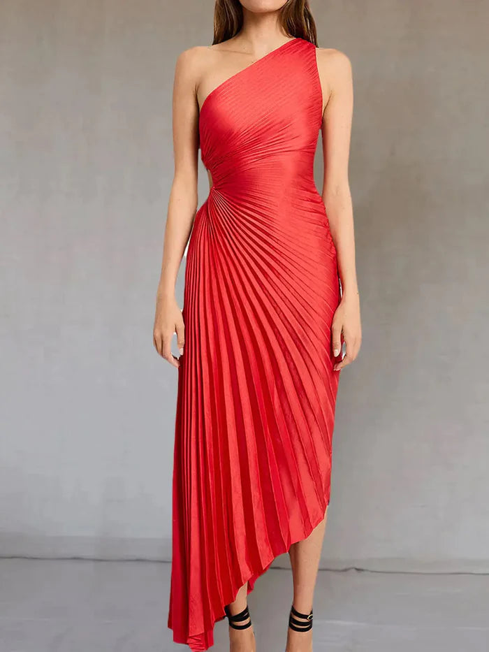 Elena | Elegant Pleated One-Shoulder Black Tie Dress
