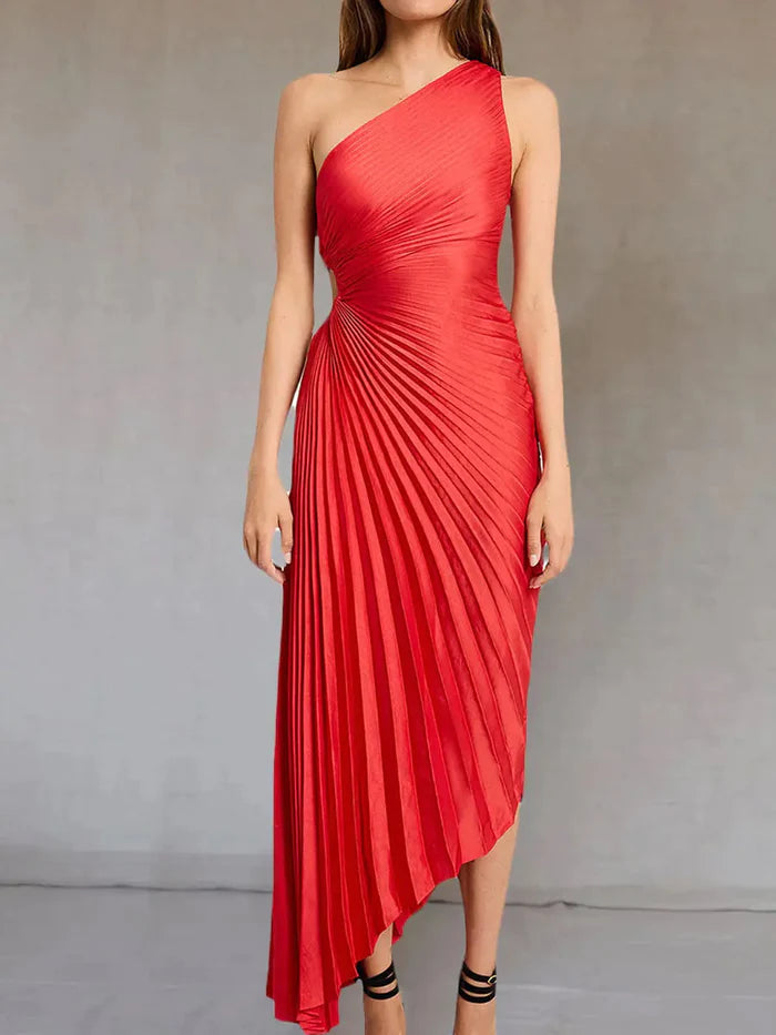 Elena | Elegant Pleated One-Shoulder Black Tie Dress