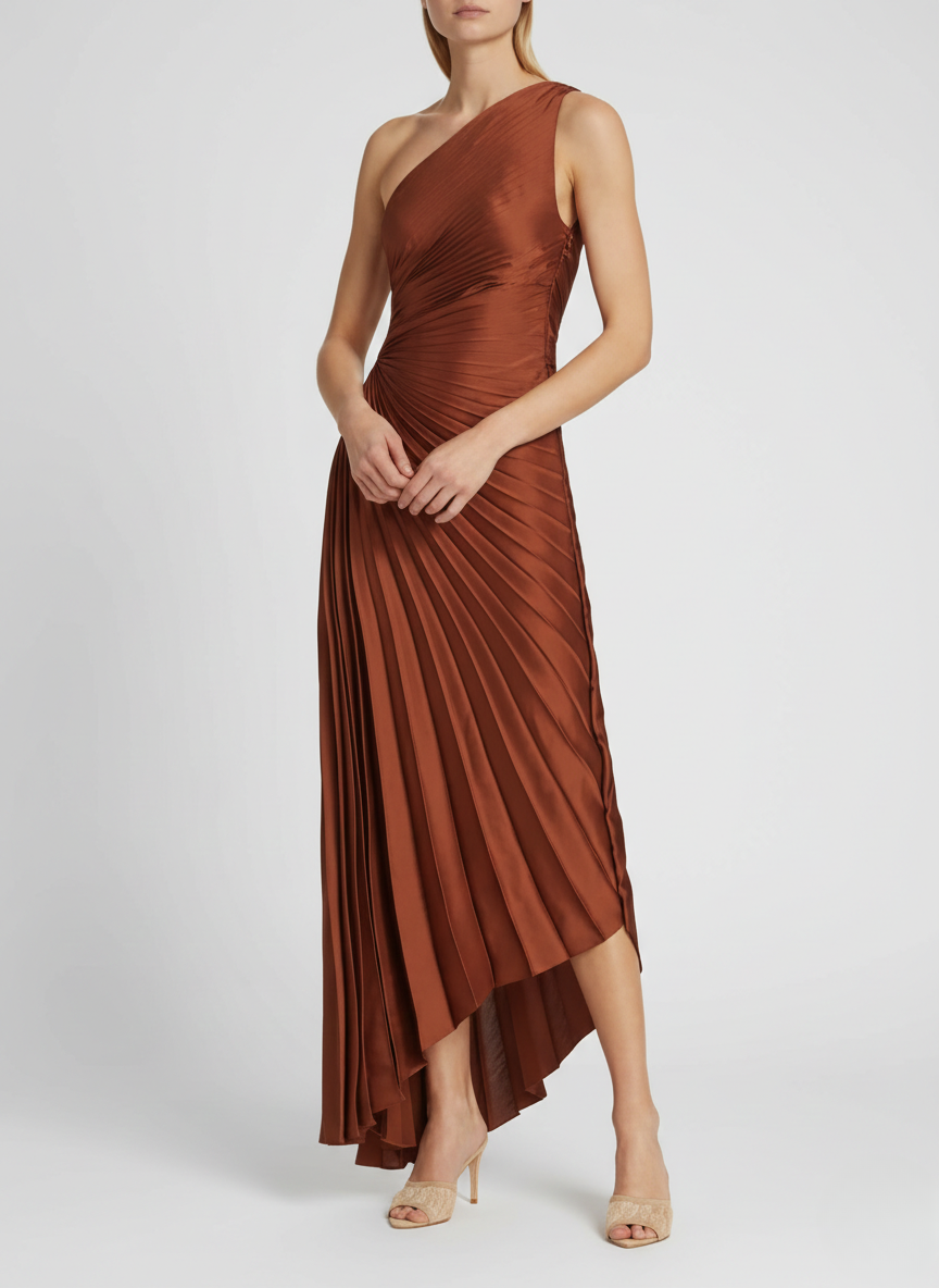 Elena | Elegant Pleated One-Shoulder Black Tie Dress