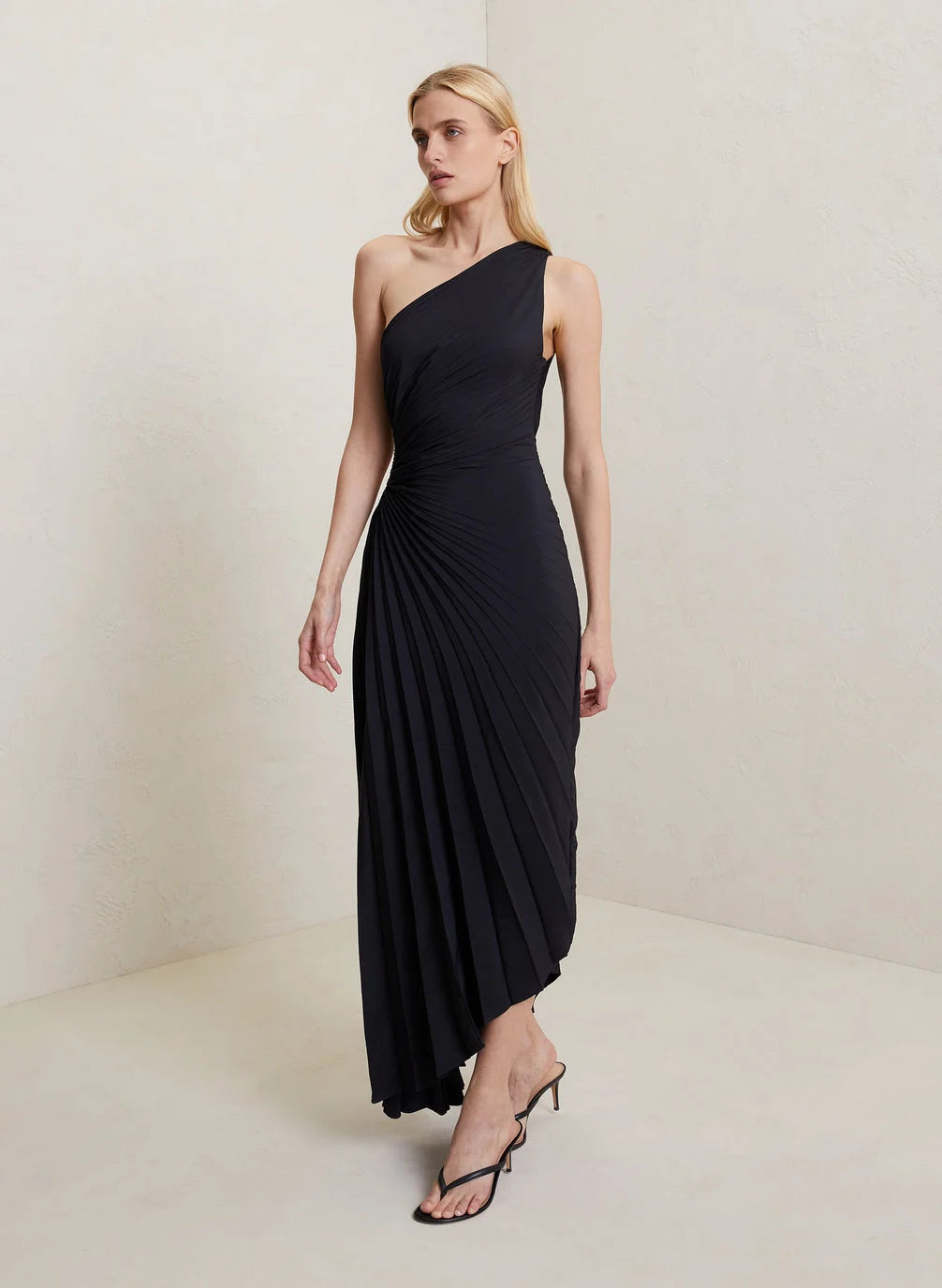 Elena | Elegant Pleated One-Shoulder Black Tie Dress