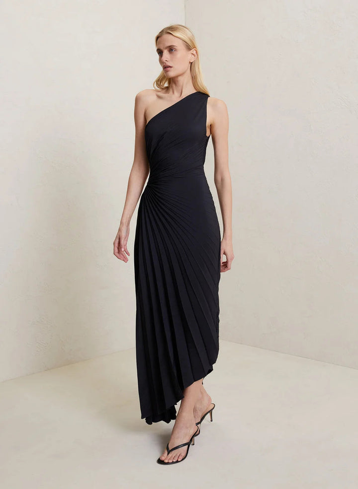 Elena | Elegant Pleated One-Shoulder Black Tie Dress