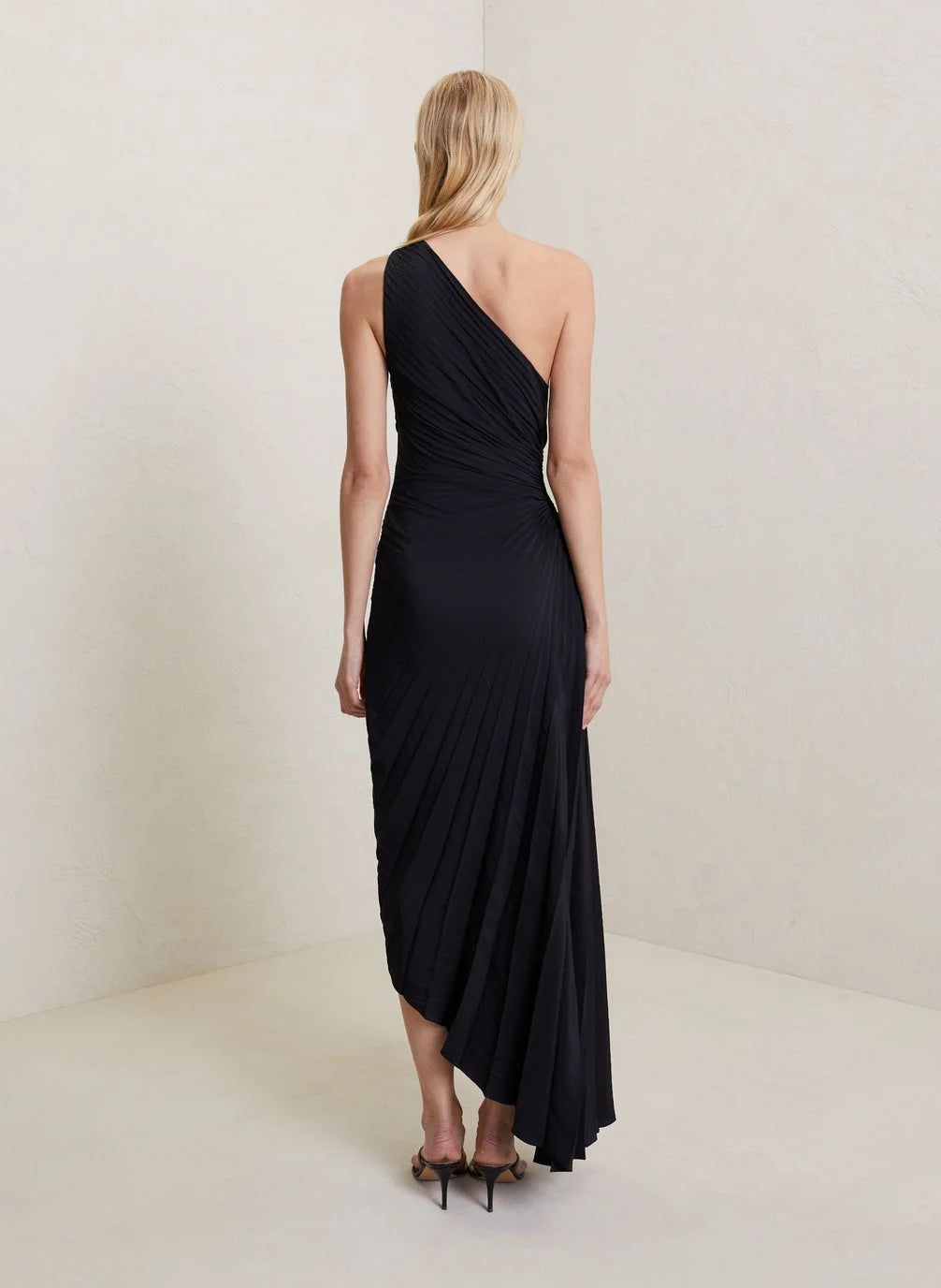 Elena | Elegant Pleated One-Shoulder Black Tie Dress