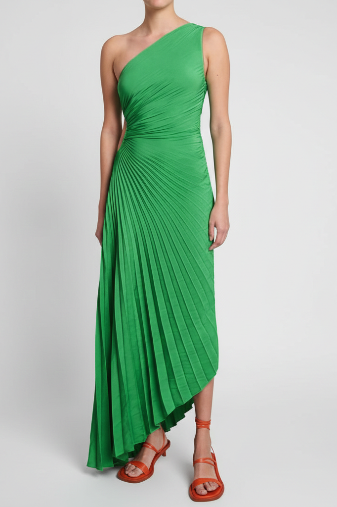 Elena | Elegant Pleated One-Shoulder Black Tie Dress