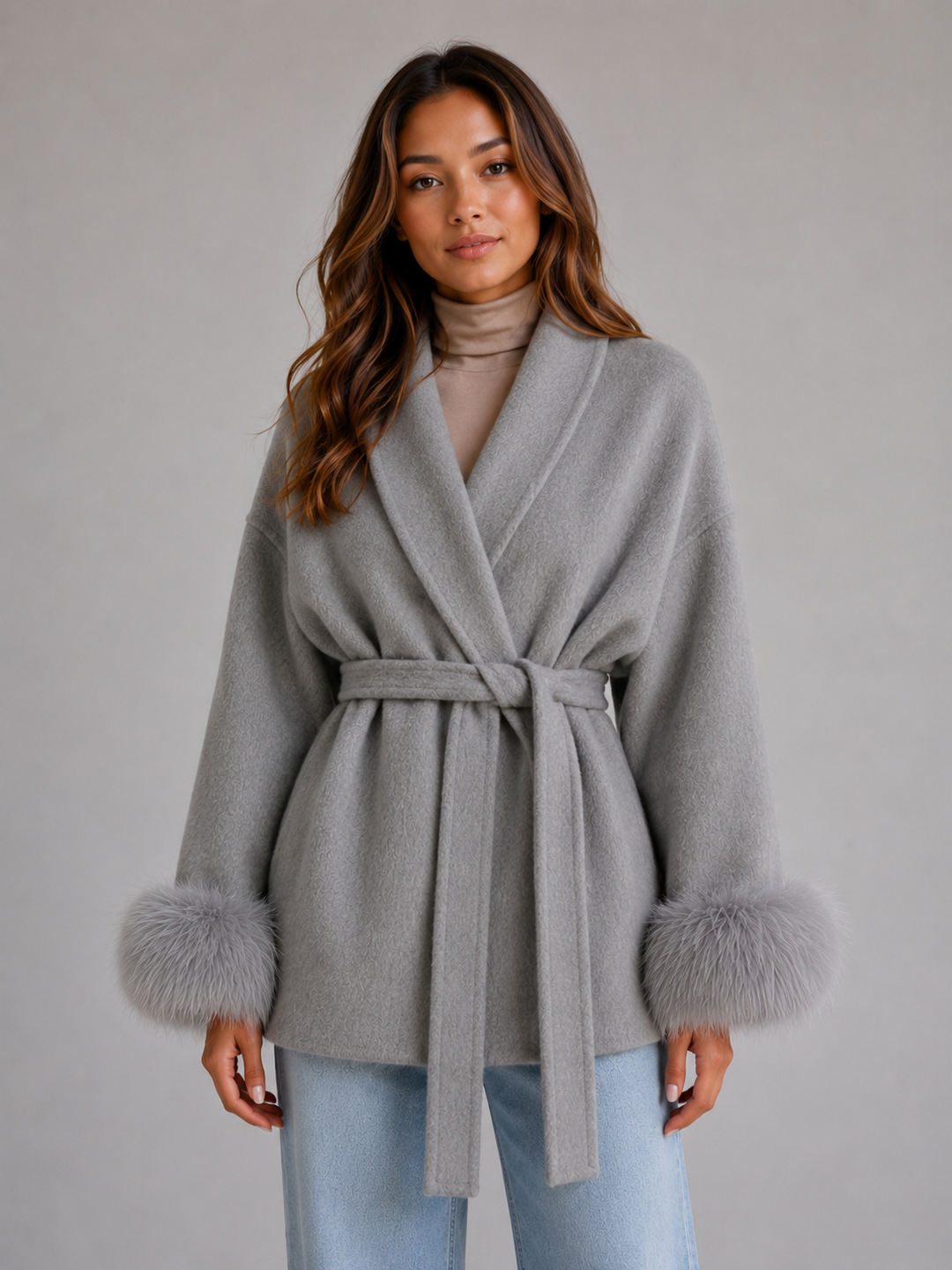 Eliza | Classic Belted Wrap Coat with Fur-Trim Cuffs