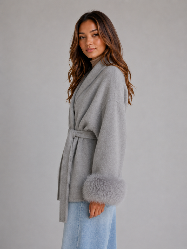Eliza | Classic Belted Wrap Coat with Fur-Trim Cuffs