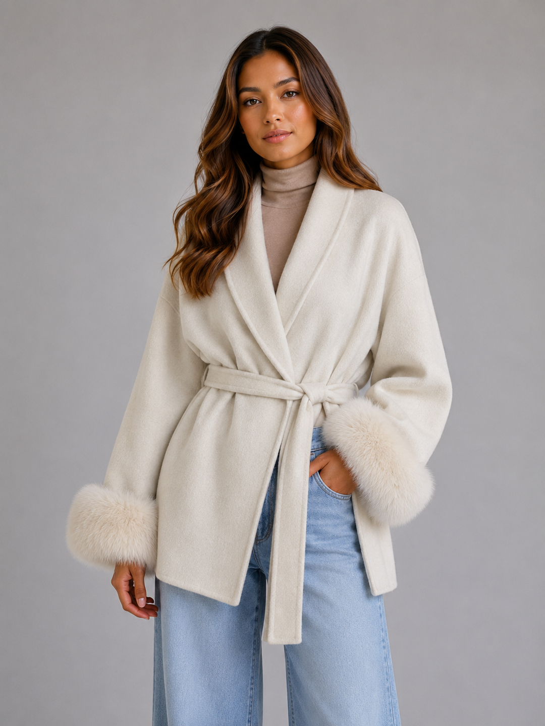 Eliza | Classic Belted Wrap Coat with Fur-Trim Cuffs