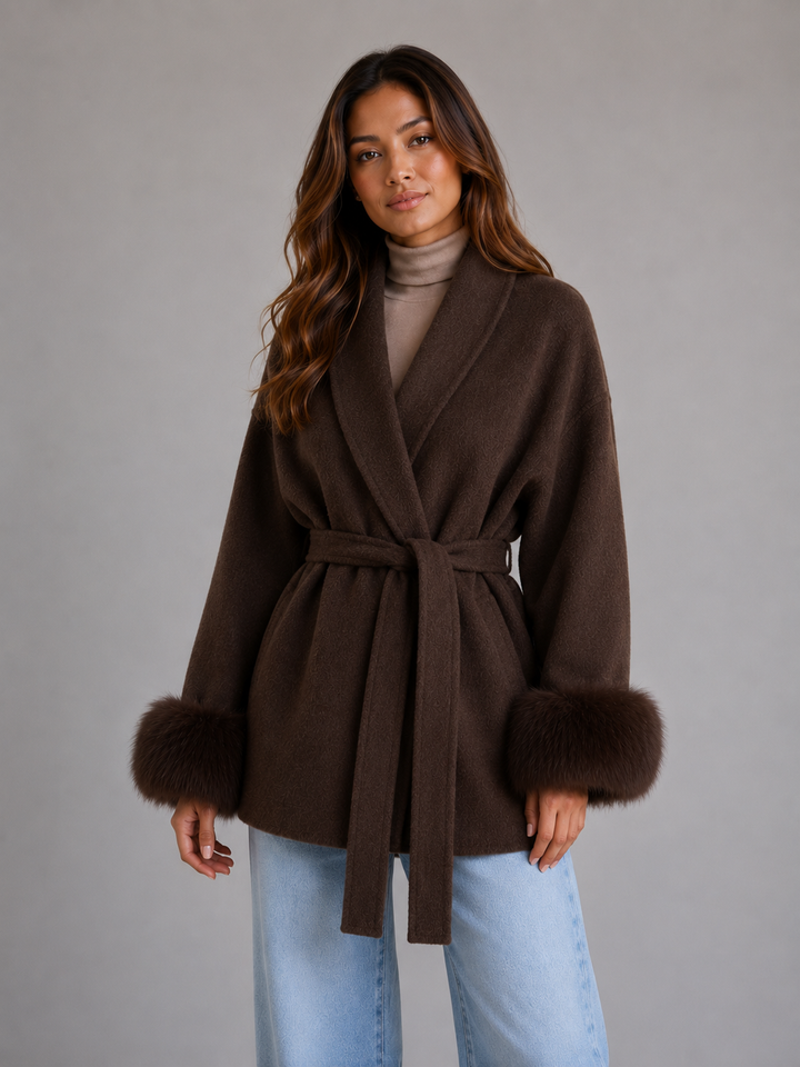 Eliza | Classic Belted Wrap Coat with Fur-Trim Cuffs