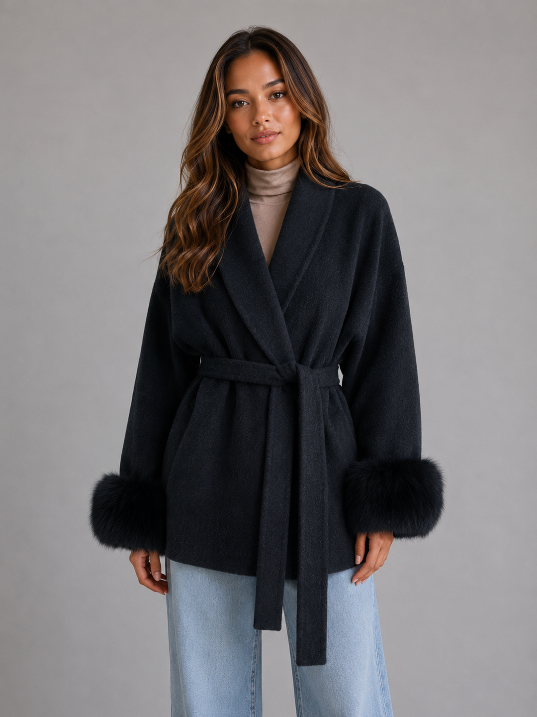 Eliza | Classic Belted Wrap Coat with Fur-Trim Cuffs