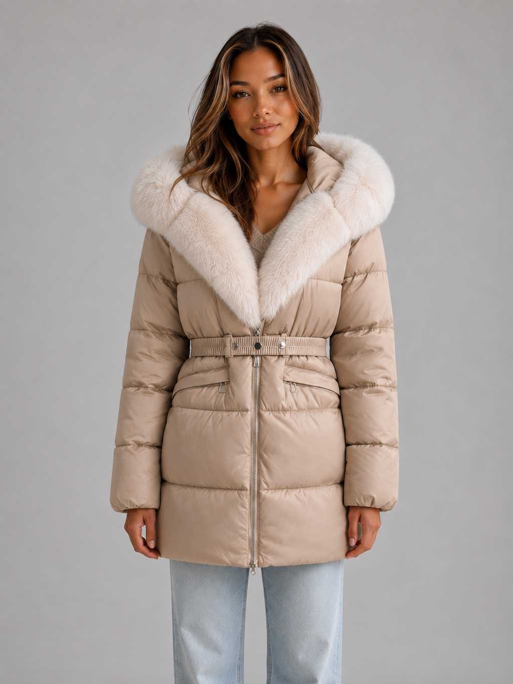 Elizabeth | Relaxed Hooded Belted Fur Trim Puffer Jacket