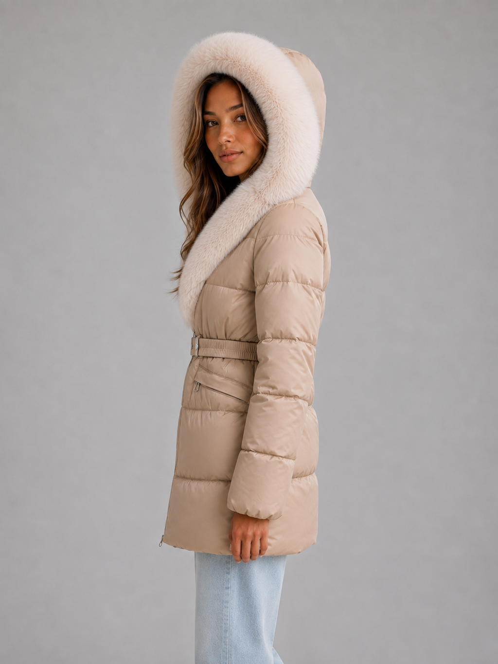 Elizabeth | Relaxed Hooded Belted Fur Trim Puffer Jacket