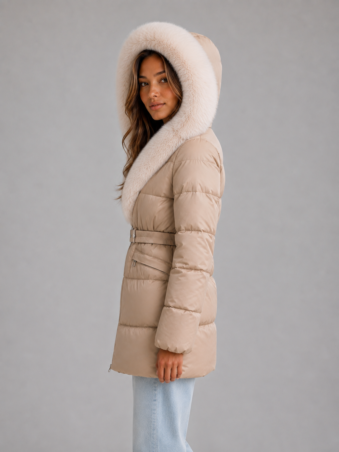 Elizabeth | Relaxed Hooded Belted Fur Trim Puffer Jacket