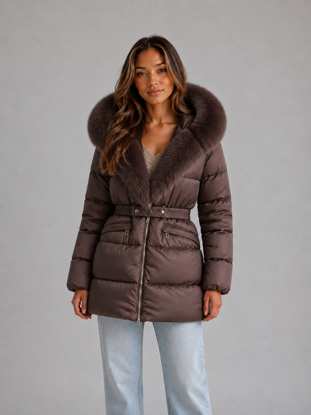 Elizabeth | Relaxed Hooded Belted Fur Trim Puffer Jacket