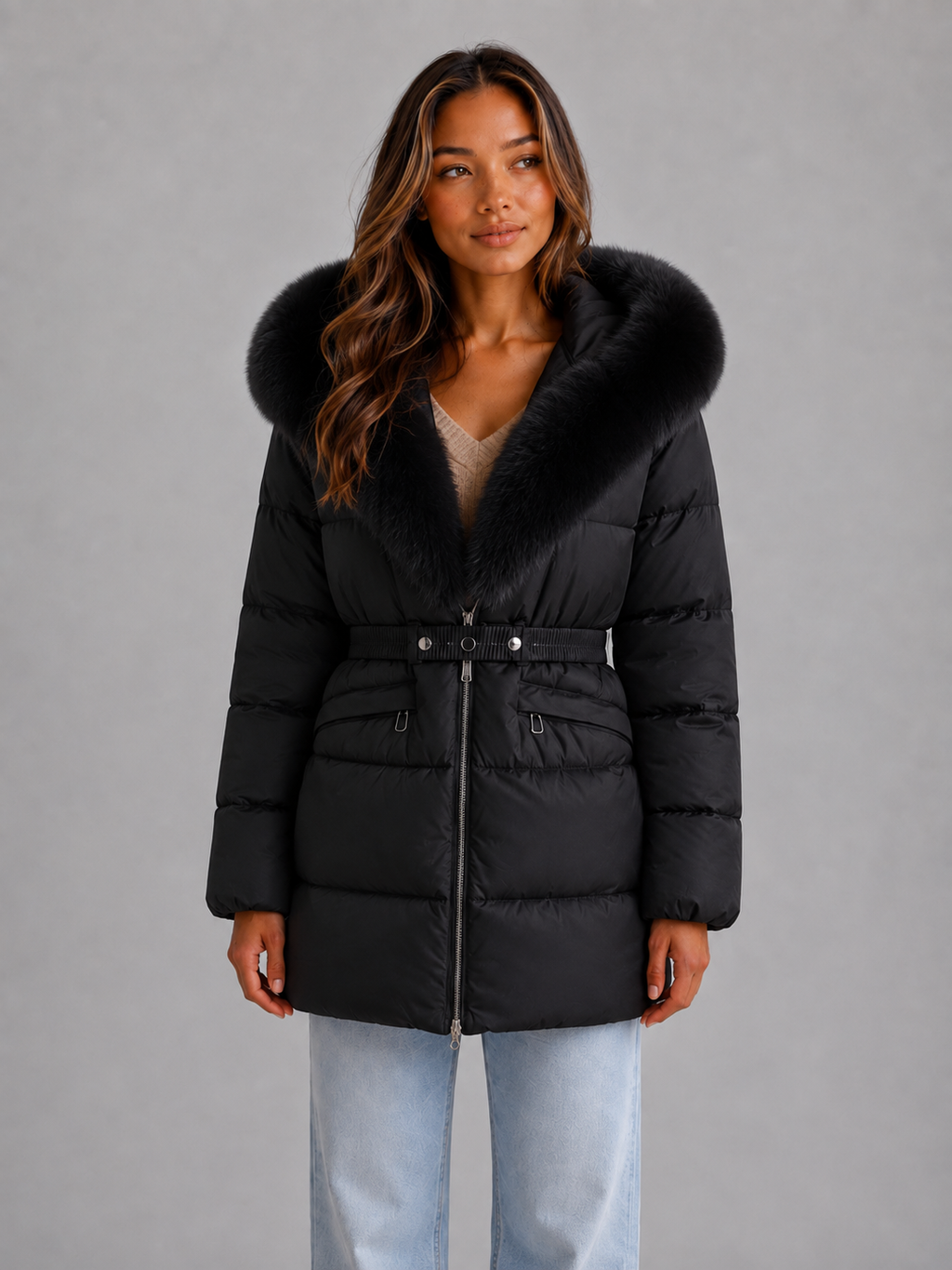 Elizabeth | Relaxed Hooded Belted Fur Trim Puffer Jacket