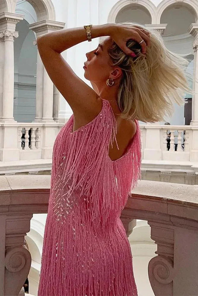 Ella | Chic Sequin Feather Dress with Fringe Tassel Hem