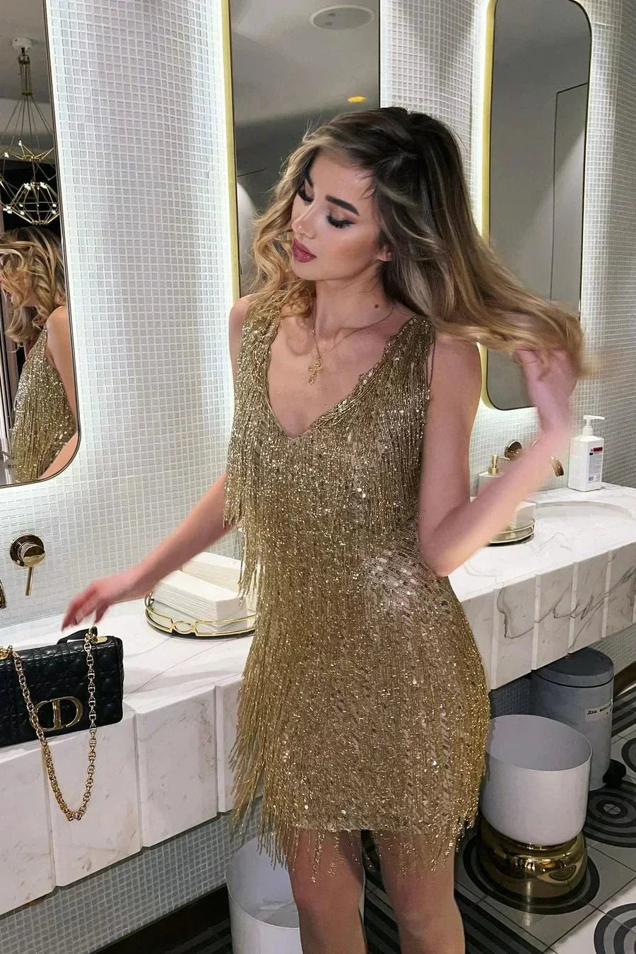 Ella | Chic Sequin Feather Dress with Fringe Tassel Hem