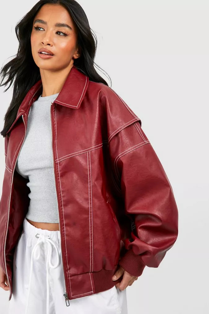 Ella | Effortless Oversized Contrast Stitch Leather Jacket
